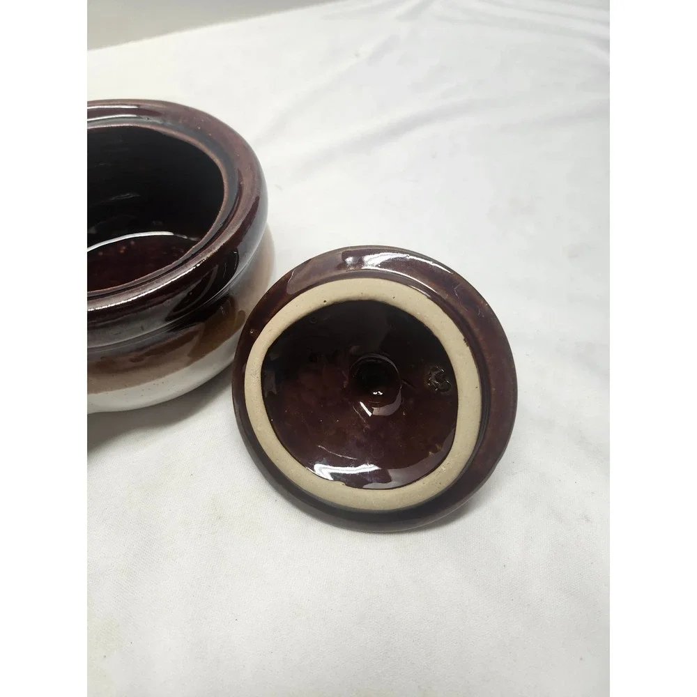 Vintage French Onion Soup Bowl with Lid Two Tone Brown Stoneware Ceramic Crock